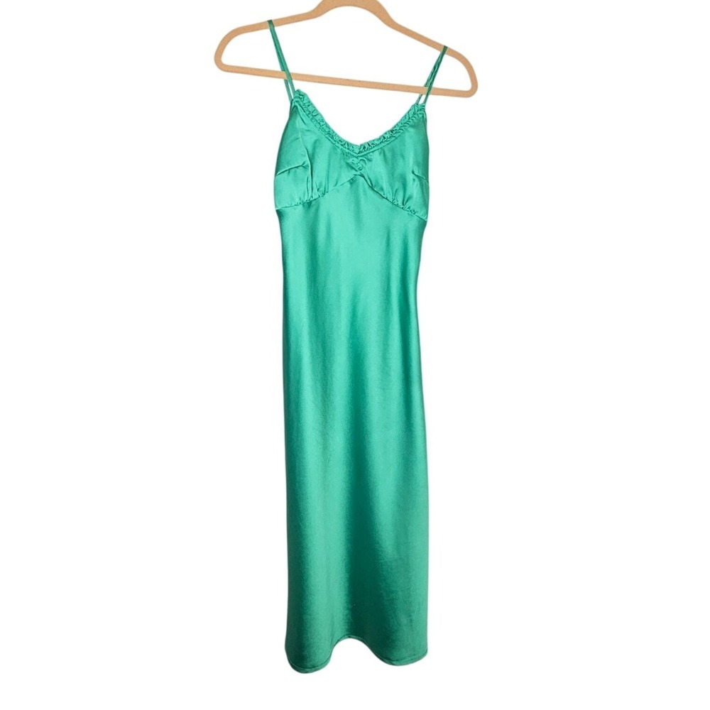 Japna XS Green Satin Slip‎ Dress Ruffled Side Slit Babydoll Y2k 90s Indie Fairy